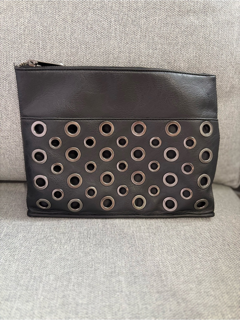 K by Kookai Black Studded Grommet Clutch Pouch Oversized Zip Bag